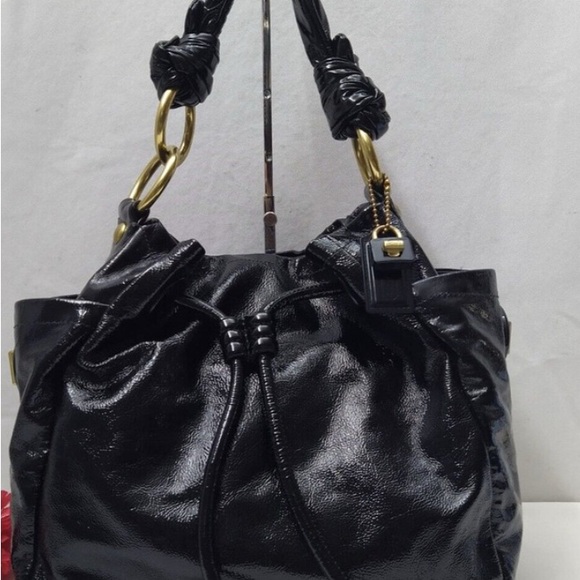 Coach Handbags - Coach Glossy Black Shoulder Bag HOBO drawstring with Gold Details.LEATHER.